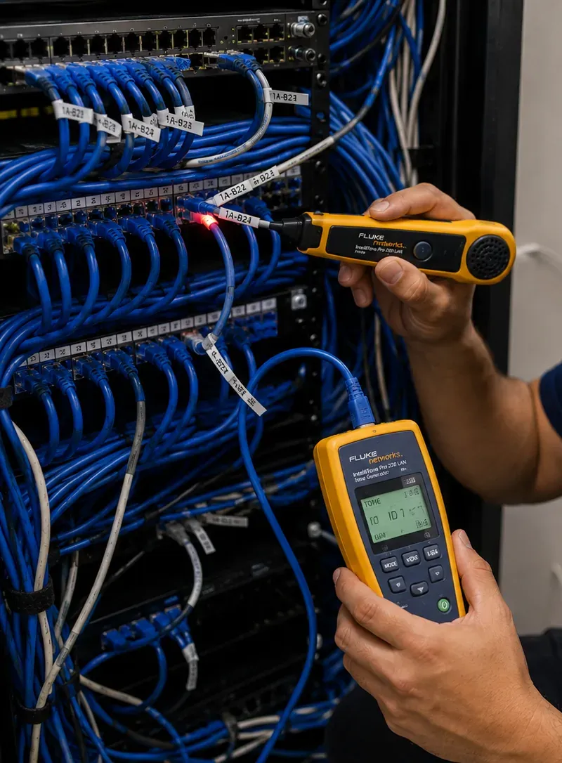 Technician holding a tone probe to a labelled cable at a crowded patch panel while a handheld tester is connected, during DUMBO, Brooklyn network work