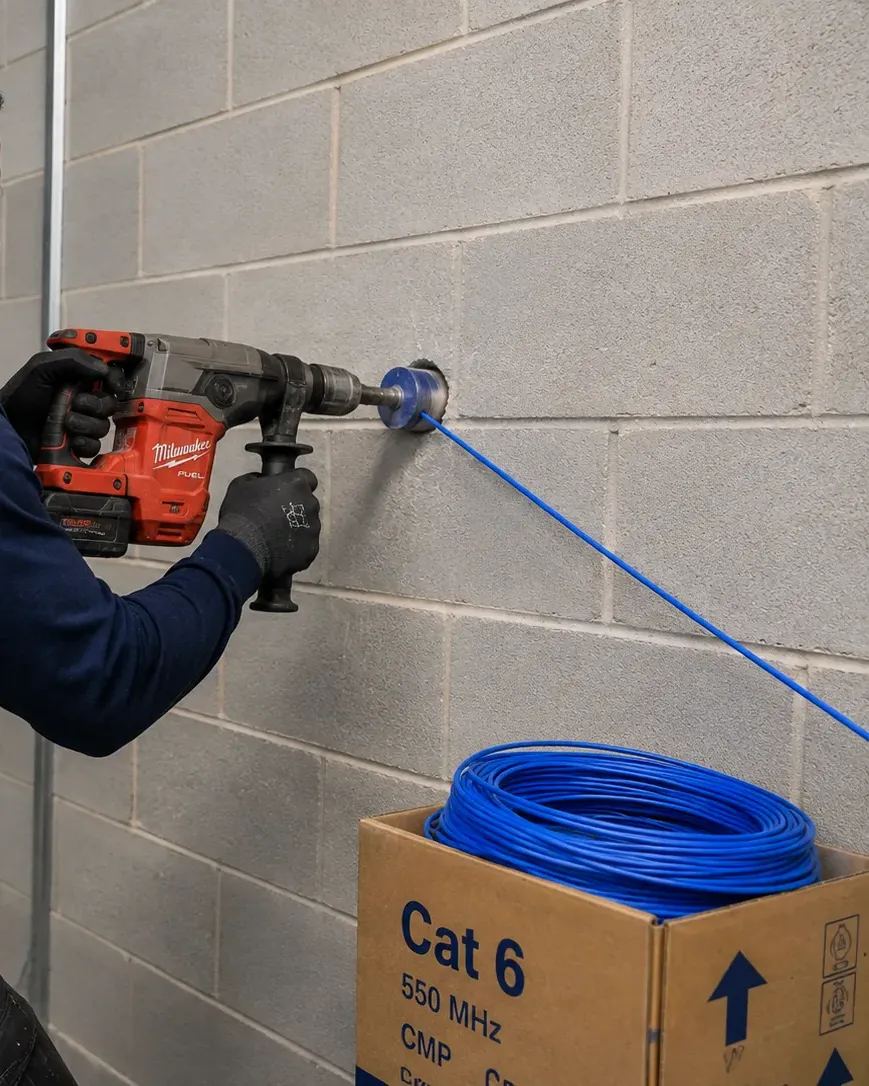 Core-drilling a block wall with a hammer drill as blue cable is fed through, pathway work in Flatiron, Manhattan