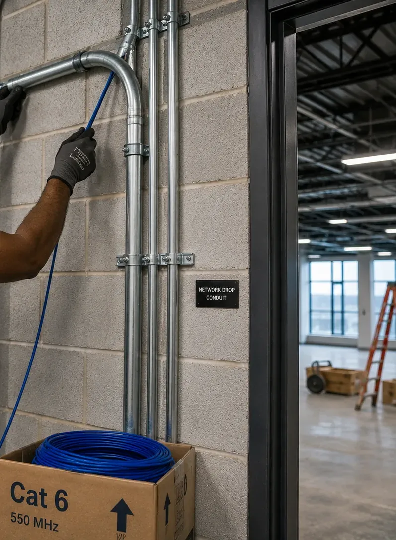 Feeding blue cable into ganged EMT conduit on a block wall beside an open fit-out floor in Flatiron, Manhattan