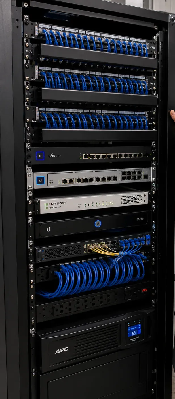 Finished floor rack with patch panels, switches, a firewall and a UPS ready for a suite in Flatiron, Manhattan