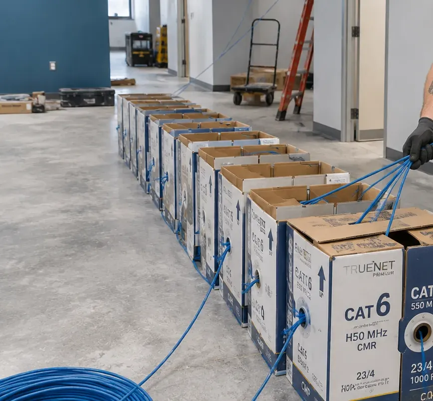 Row of cable boxes staged on the concrete floor of an unfinished office fit-out in Flatiron, Manhattan