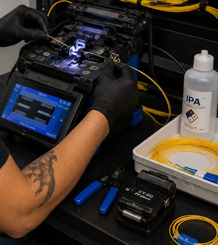 Gloved hands fusion-splicing a yellow fiber strand on a bench splicer for a fiber optic installation in Flatiron, Manhattan