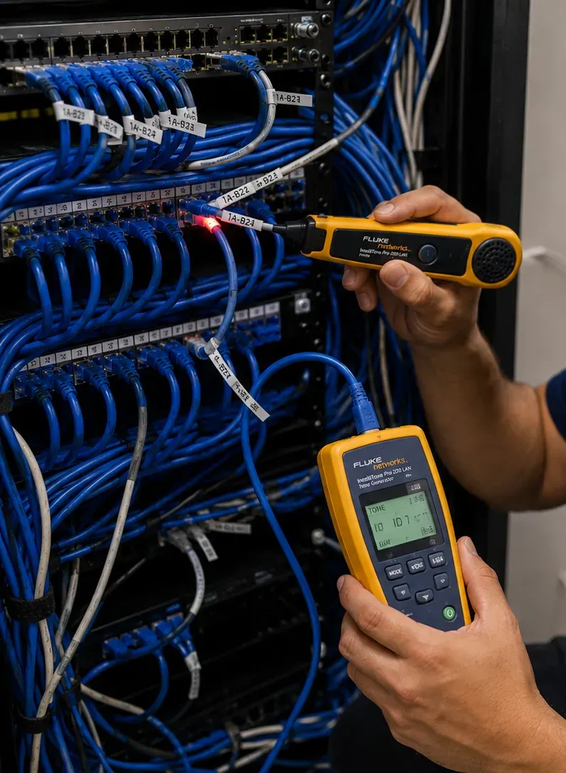 Tracing an unlabeled cable at a patch panel with a probe and handheld tester before fiber work in Flatiron, Manhattan