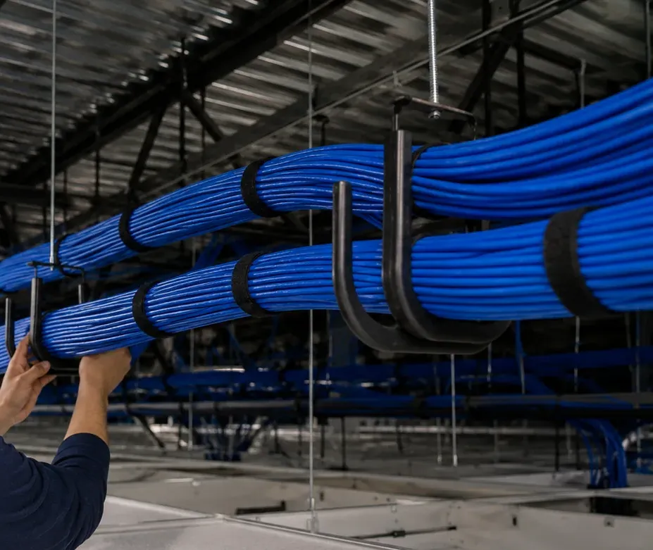 Hand dressing bundled blue cable onto J-hooks under an open ceiling for an office floor in Flatiron, Manhattan