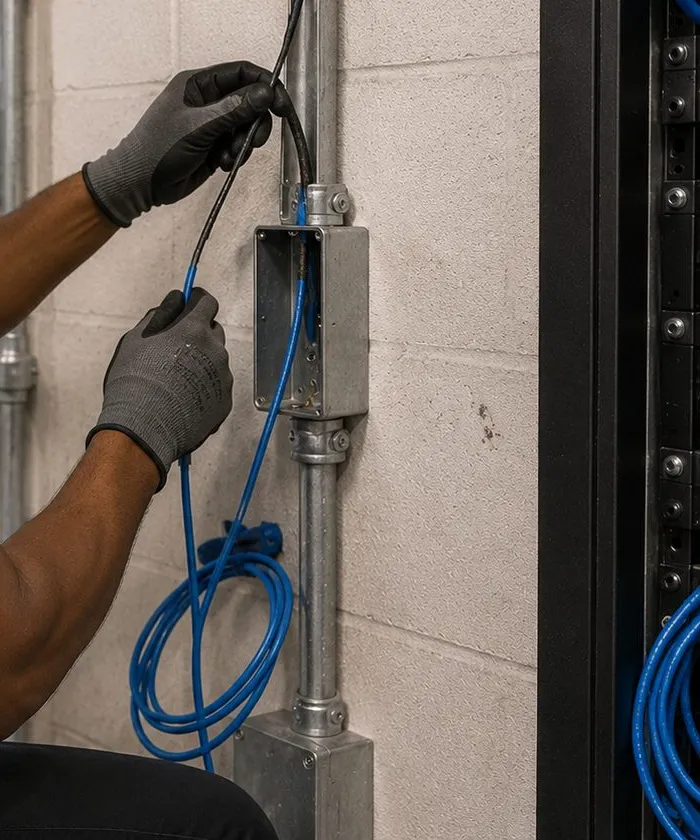 Gloved hands pulling blue cable out of a steel conduit box on a block wall, riser pathway work in Flatiron, Manhattan
