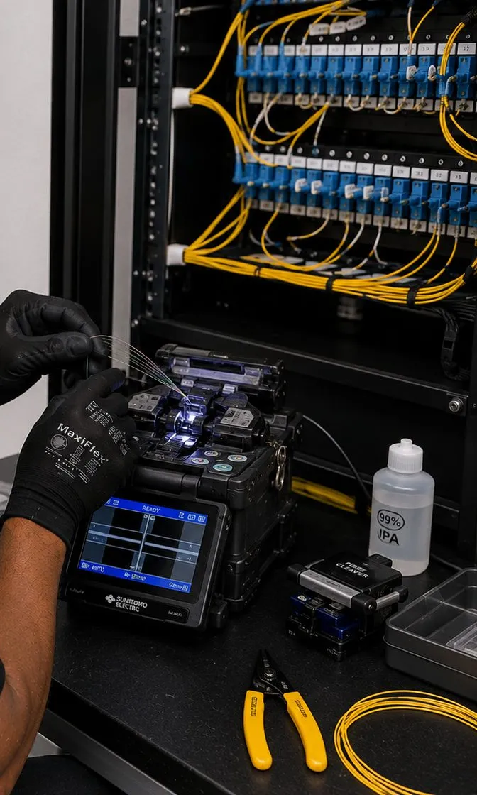 Fusion splicer at the foot of a rack of blue LC adapter panels and yellow fiber jumpers in Flatiron, Manhattan