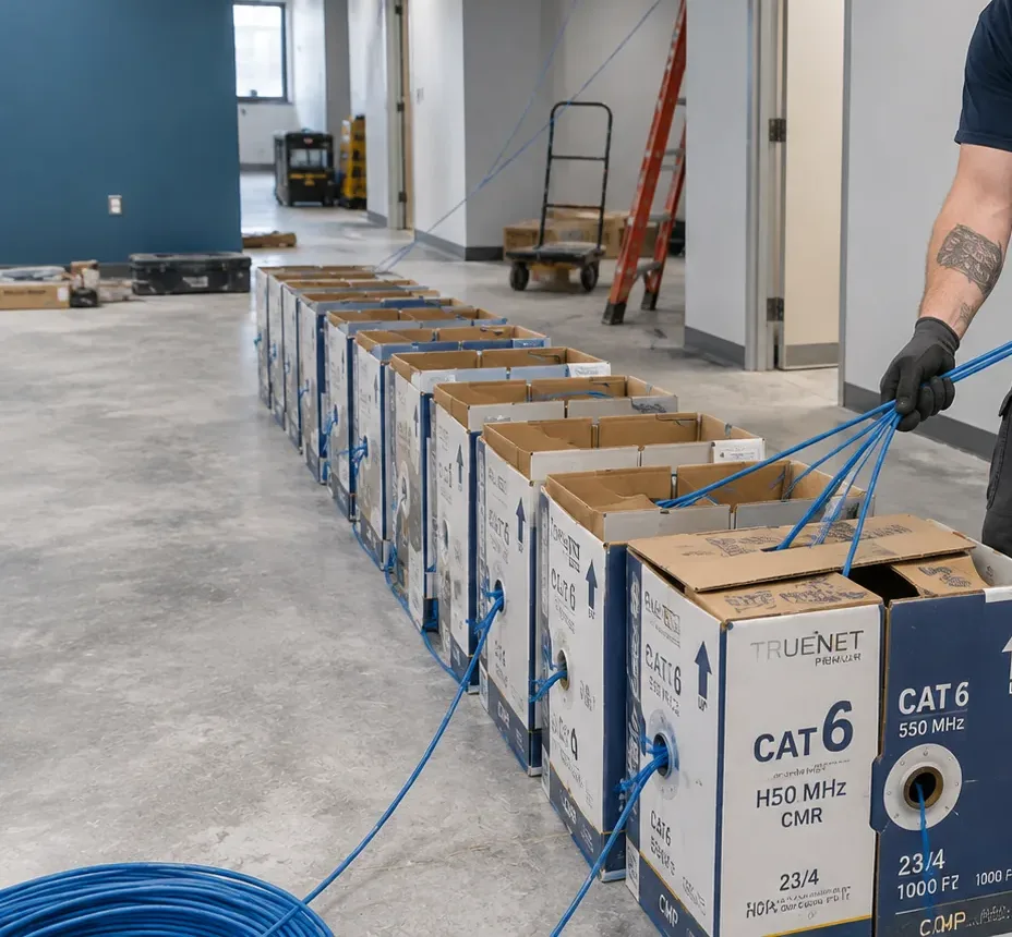 Cable boxes staged on an open floor — Flushing, Queens fit-out cabling Row of opened cable boxes on a bare concrete floor with blue cable being drawn off by a gloved hand, fit-out staging for fiber optic installation in Flushing, Queens