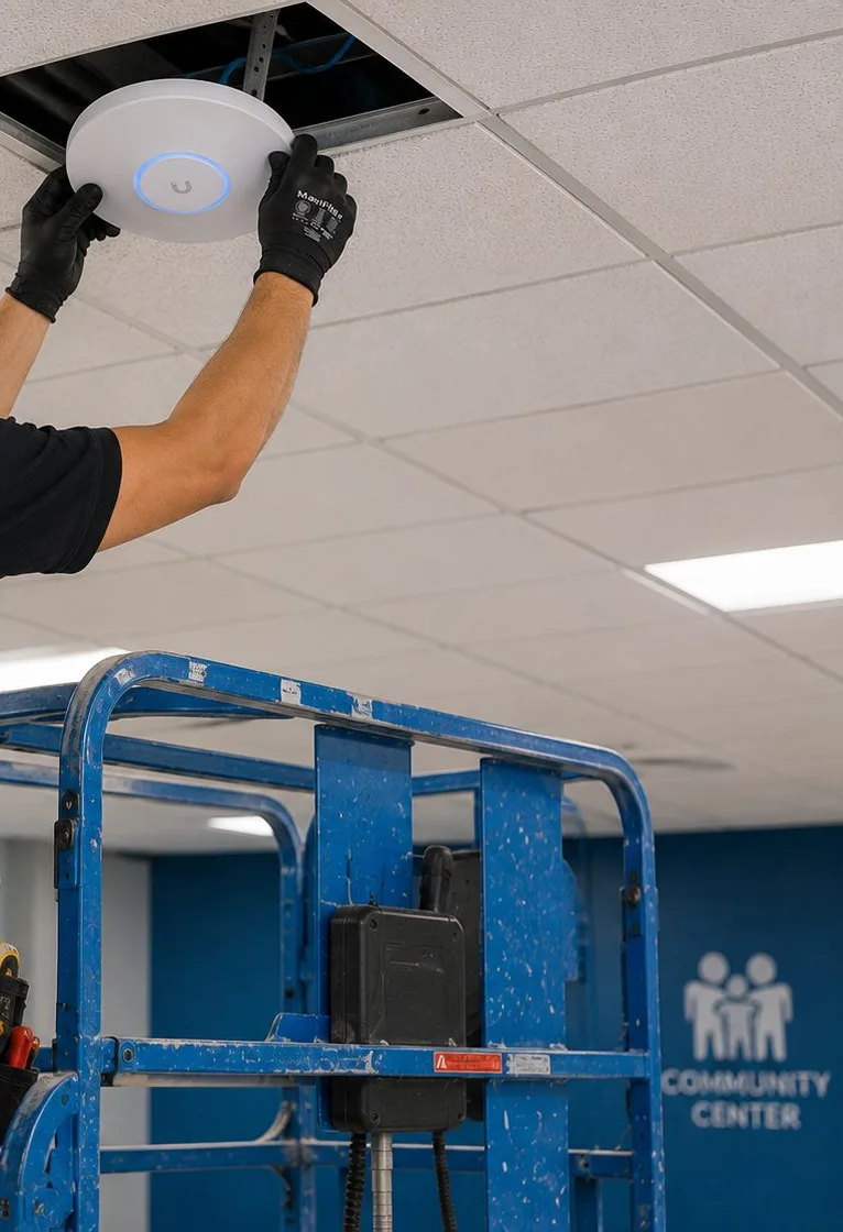 Ceiling access point installed from a scissor lift — Flushing, Queens Gloved hands pressing a round white access point into a ceiling tile above a blue scissor lift, community space wired from fiber optic installation in Flushing, Queens