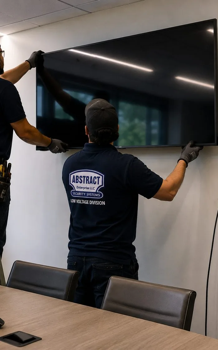 Display going up in a meeting room — Flushing, Queens office floor on fiber Two technicians lifting a large flat display onto a meeting-room wall above a conference table, office floor networked by fiber optic installation in Flushing, Queens