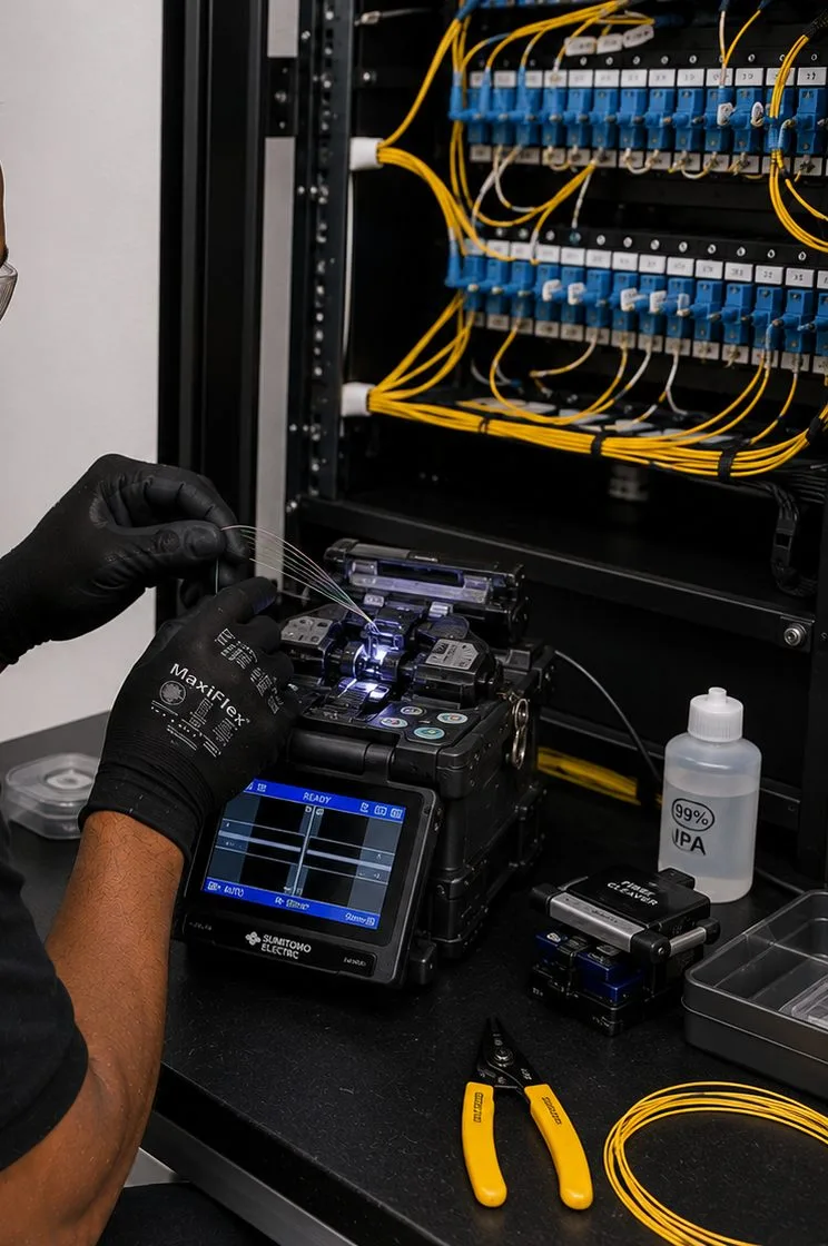 Fusion splicer and fiber patch rack — Flushing, Queens fiber optic installation Gloved hands at a fusion splicer beside a rack of fiber patch panels with yellow jumpers, fiber optic installation in Flushing, Queens