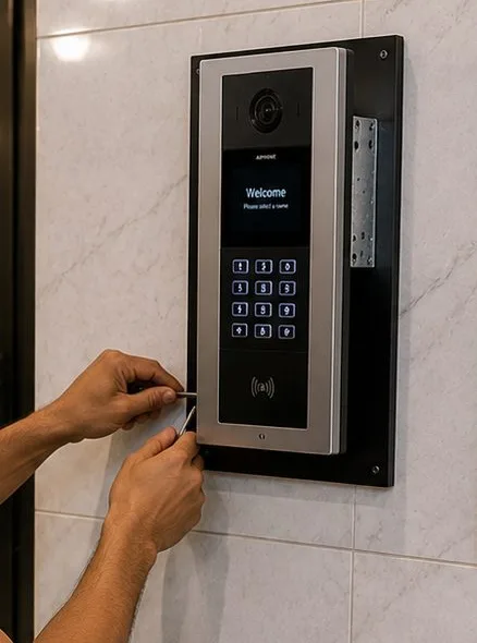 Lobby video intercom panel — Flushing, Queens building systems on fiber Hand working at the edge of a stainless video intercom panel with keypad on a stone lobby wall, building system on a Flushing, Queens fiber backbone