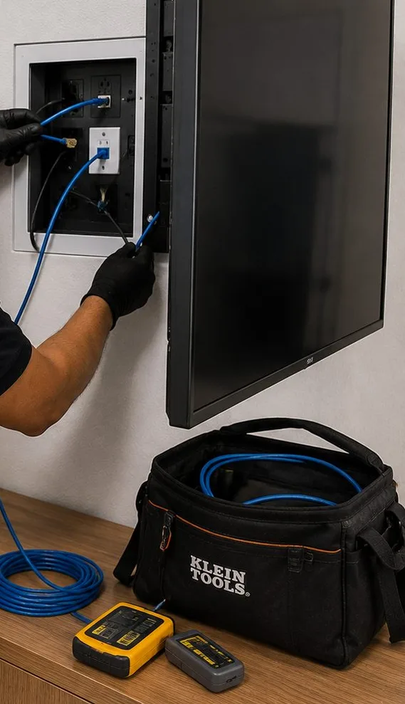 Recessed box behind a wall display — Flushing, Queens office connection Gloved hand plugging a blue patch cable into a recessed wall box behind a mounted display, with a tester and tool bag on the credenza, Flushing, Queens office on fiber