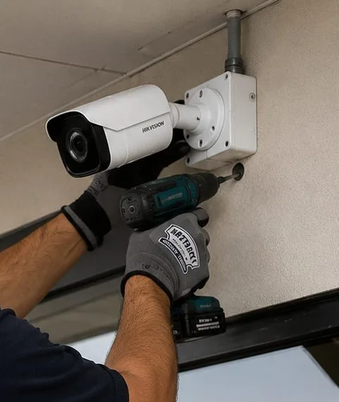 Bullet camera mounted above a glass entrance — Flushing, Queens storefront on fiber Gloved hands driving a bracket screw for a bullet camera on the soffit above a glass entrance, storefront fed from fiber optic installation in Flushing, Queens