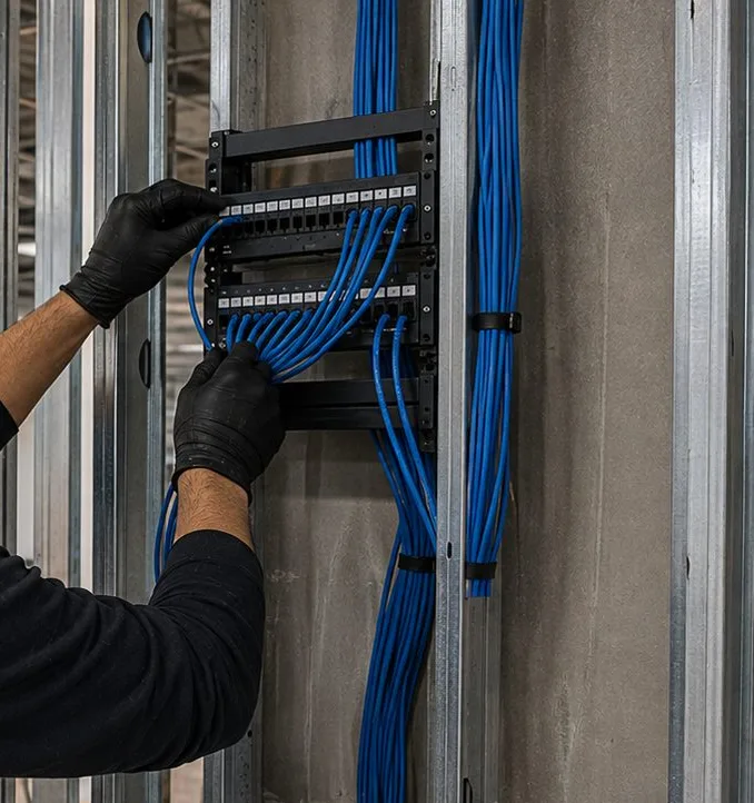 Patch panel between metal studs — Flushing, Queens fit-out cabling Gloved hands seating blue cables into a patch panel fixed between metal studs during fiber optic installation in Flushing, Queens