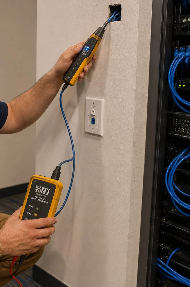 Tone tracing a wall jack beside a rack — Flushing, Queens cable survey Hand holding a tone probe at a wall jack with the tone generator below and blue cables in a rack, tracing existing cabling before fiber optic installation in Flushing, Queens