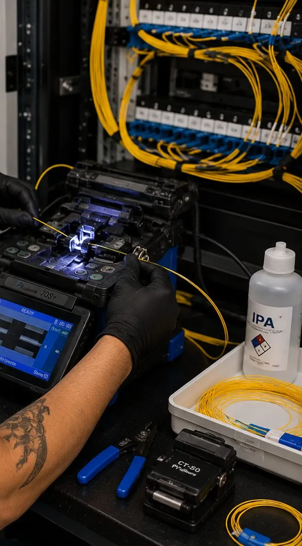 Fusion splicer at the rack โ Fordham, Bronx fiber splicing Gloved hands feeding fiber into a lit fusion splicer below yellow jumpers on a rack, Fordham, Bronx fiber optic installation