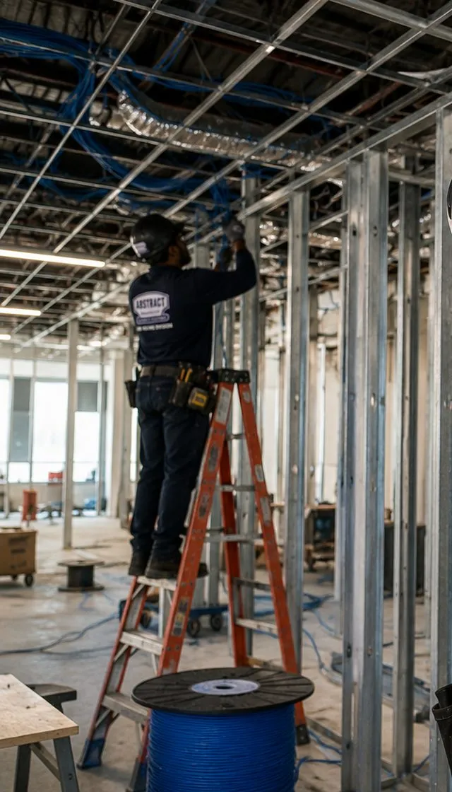 Metal-stud fit-out with cable spool โ Fordham, Bronx Metal-stud fit-out with an open ceiling, an installer on a ladder at a distance and a spool of blue cable, renovation cabling in Fordham, Bronx
