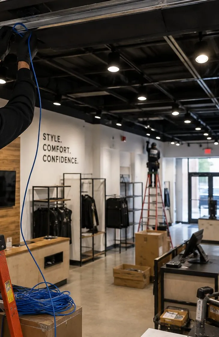 Storefront fit-out cable drop โ Fordham, Bronx retail Blue cable dropped from an open black ceiling into a clothing store being fitted out, storefront cabling on a Fordham, Bronx retail corridor