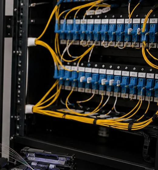 SC adapter panel with yellow jumpers โ Fordham, Bronx Two rows of blue SC fiber adapters with yellow single-mode jumpers in a rack, fiber patch panel for a Fordham, Bronx building
