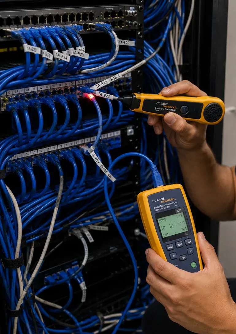 Tracing inherited cable โ Fordham, Bronx closet survey Hands holding a tone probe and a cable tester against a crowded labelled patch field, tracing inherited cabling in a Fordham, Bronx closet