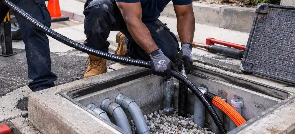 Armored fiber cable fed into a handhole, Gowanus Brooklyn outdoor pathway example Gowanus, Brooklyn fiber optic installation: black armored fiber cable being fed by hand into an open concrete handhole with conduit sweeps
