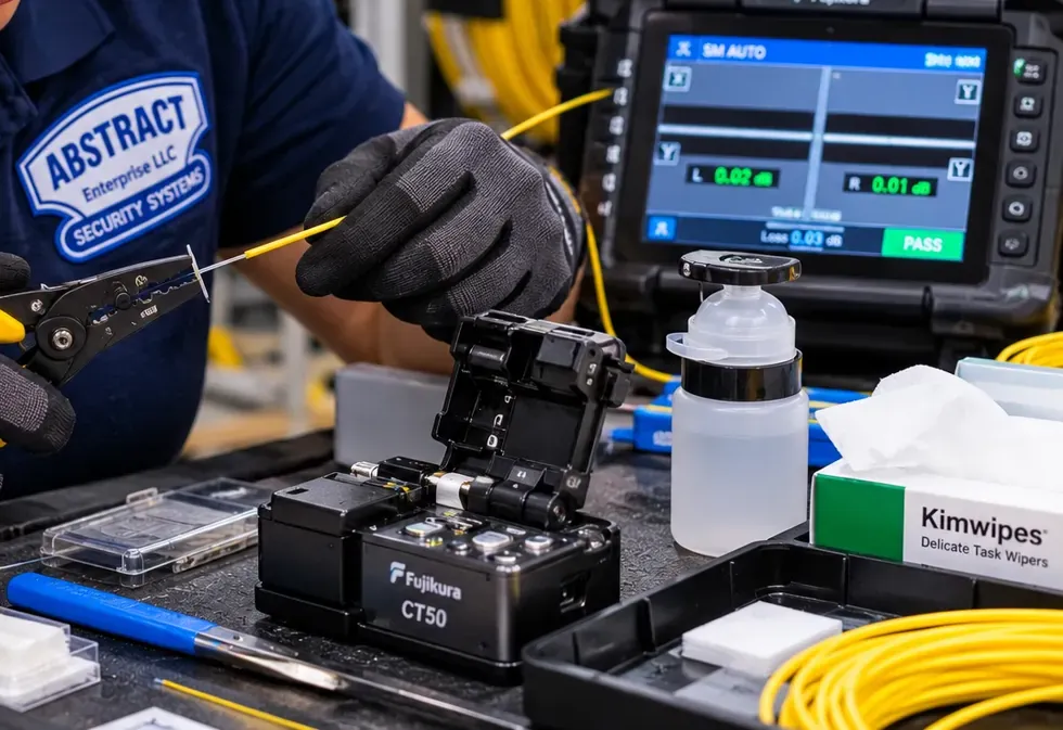 Fiber strip, clean and cleave bench set-up for Gowanus, Brooklyn splicing Gowanus, Brooklyn fiber optic installation: stripping a fiber strand at a bench with a precision cleaver, cleaning bottle and a fusion splicer screen reading pass