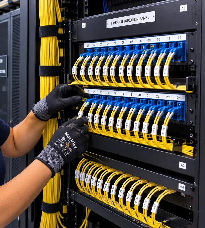 Numbered fiber distribution panel ports for a Gowanus, Brooklyn main room Gowanus, Brooklyn fiber optic installation: gloved hands patching labelled yellow jumpers into numbered ports on a fiber distribution panel
