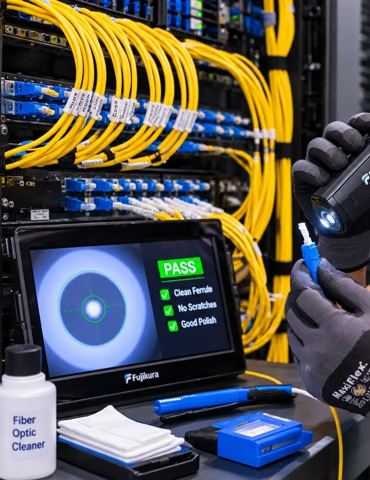 Connector end-face inspection pass screen, Gowanus Brooklyn fiber work Gowanus, Brooklyn fiber optic installation: connector inspection screen showing a clean fiber end face marked pass beside fiber cleaner