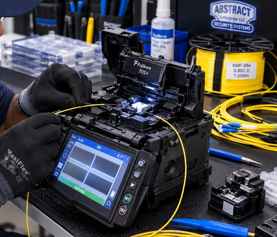 Loading fiber into a fusion splicer for a Gowanus, Brooklyn installation Gowanus, Brooklyn fiber optic installation: gloved hands loading single-mode fiber into an open Fujikura fusion splicer next to a reel of SMF-28e cable