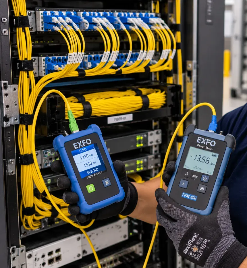 Light source and power meter loss test at a rack, Gowanus Brooklyn Gowanus, Brooklyn fiber optic installation: hands holding an EXFO light source and power meter connected to fiber at a patch rack