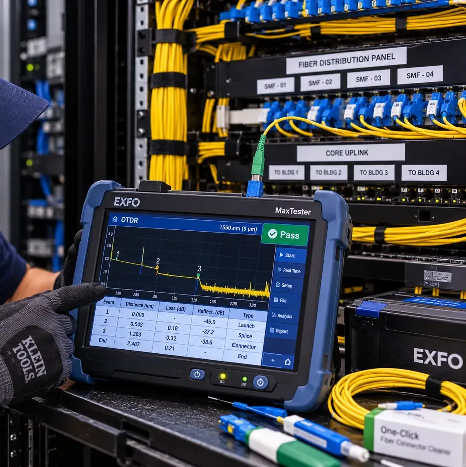 OTDR trace with pass result for Gowanus, Brooklyn fiber testing Gowanus, Brooklyn fiber optic installation: OTDR tester screen showing a passing trace and event table in front of panels labelled core uplink