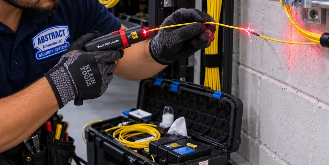 Visual fault locator lighting a fiber strand red, Gowanus Brooklyn repair example Gowanus, Brooklyn fiber optic installation: technician aiming a visual fault locator so a red light glows along a yellow fiber beside a concrete block wall
