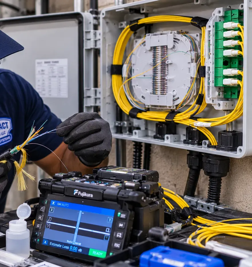 Fiber breakout prepared for splicing below an enclosure, Gowanus Brooklyn Gowanus, Brooklyn fiber optic installation: breakout of coloured fiber strands being prepared at a fusion splicer below an open splice enclosure