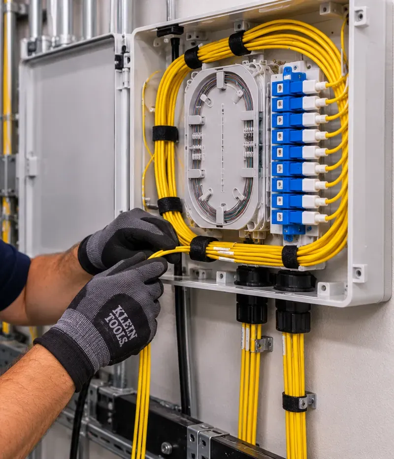 Wall-mounted fiber enclosure with splice tray for a Gowanus, Brooklyn telecom room Gowanus, Brooklyn fiber optic installation: technician dressing yellow fiber pigtails around a splice tray in a wall-mounted enclosure with blue SC adapters