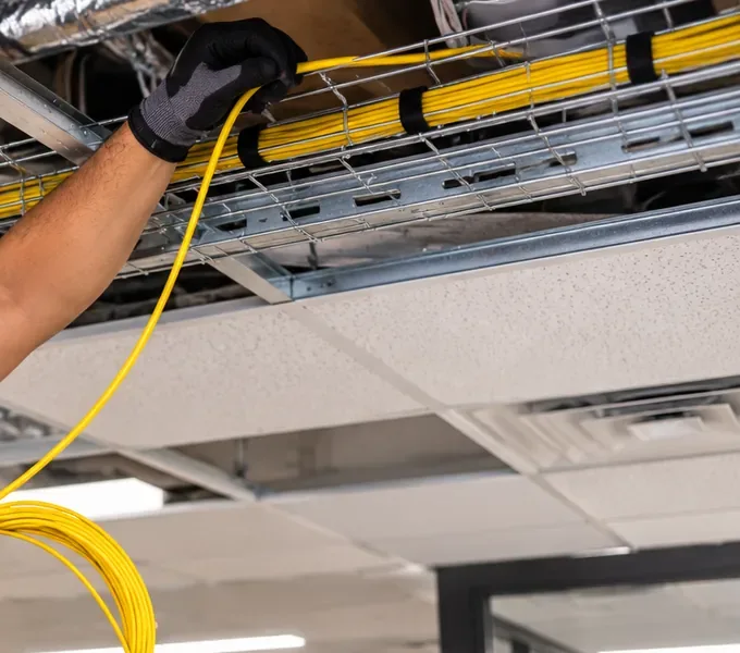 Yellow fiber lifted into a wire basket tray above a ceiling grid, Harlem Manhattan Gloved hand lifting a yellow fiber cable into a wire basket tray above an open ceiling grid, Harlem, Manhattan fiber routing