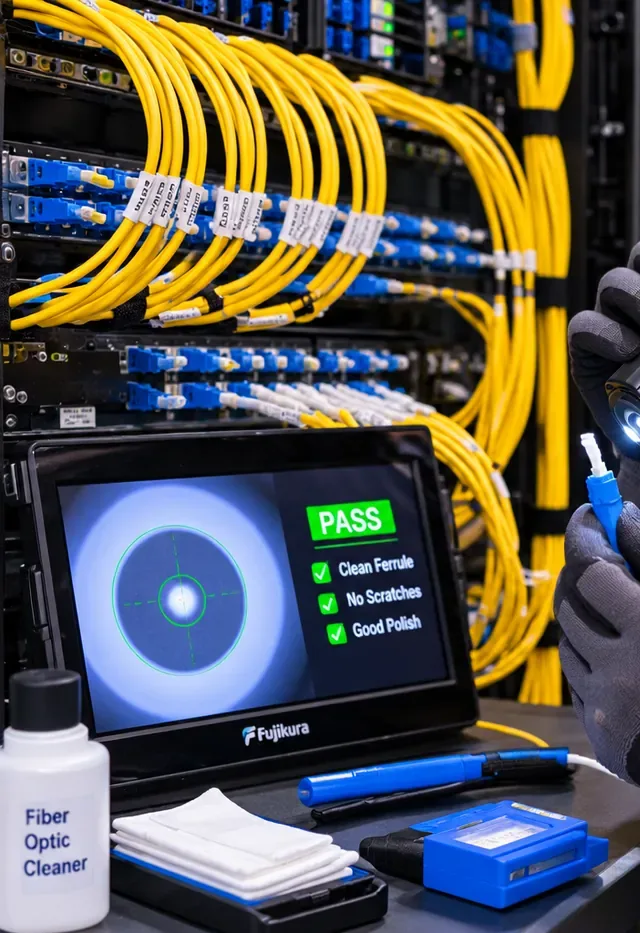 Fiber end-face inspection tablet showing pass, Harlem Manhattan Tablet showing a clean fiber end face and a pass result in front of a rack of yellow and blue fiber cords, Harlem, Manhattan