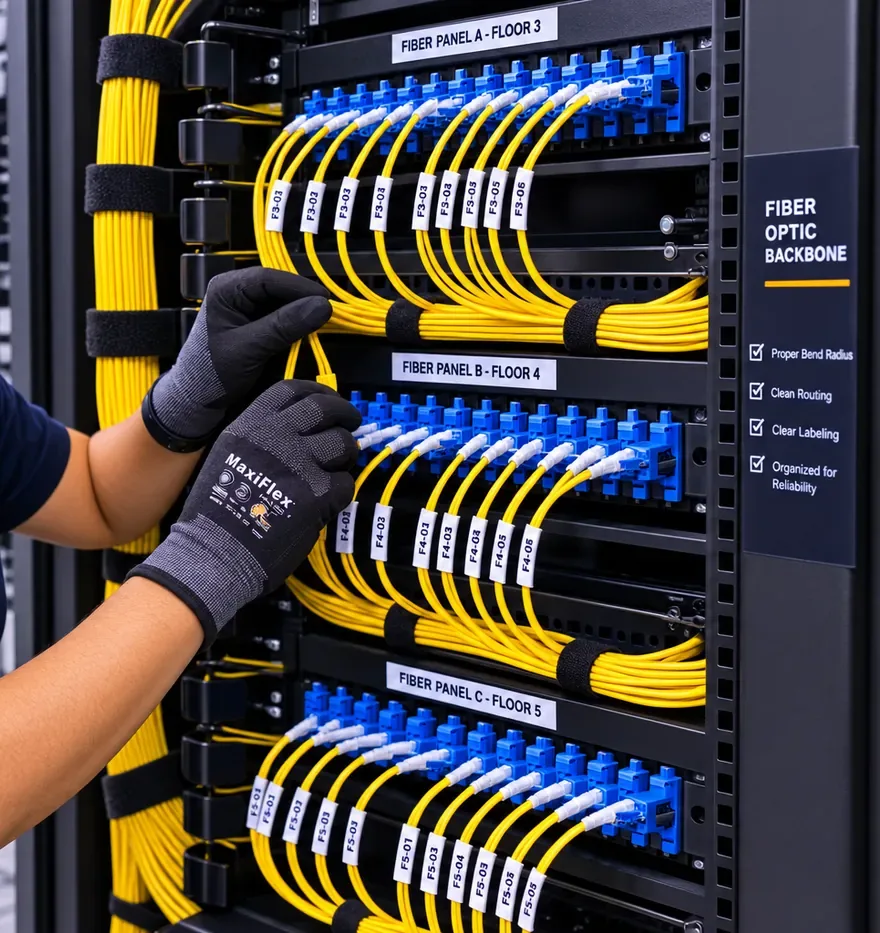 Labelled fiber backbone panels with yellow jumpers, Harlem Manhattan Gloved hands patching blue LC connectors in labelled fiber backbone panels with yellow jumpers, Harlem, Manhattan