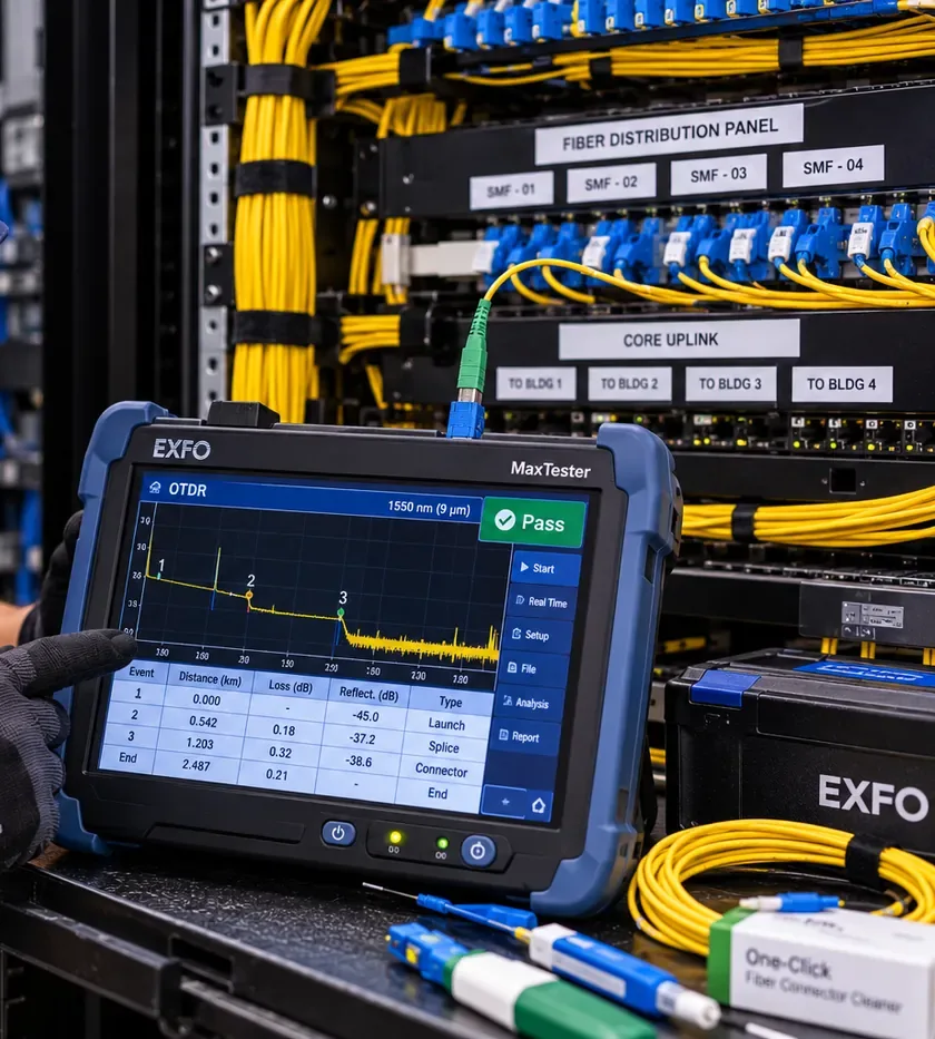 OTDR trace and pass screen at a fiber panel labelled by building, Harlem Manhattan OTDR showing a trace and pass result in front of a fiber distribution panel with ports labelled to building numbers, Harlem, Manhattan testing