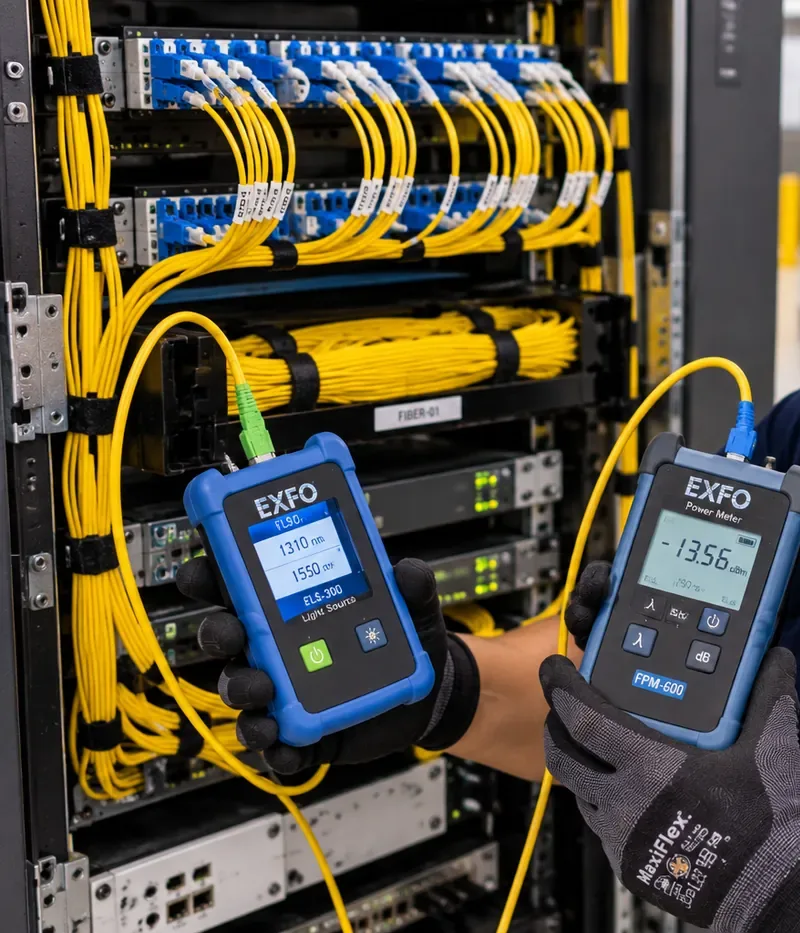 Light source and power meter loss test at a fiber rack, Harlem Manhattan Handheld light source and optical power meter connected to yellow jumpers at a rack, Harlem, Manhattan loss testing