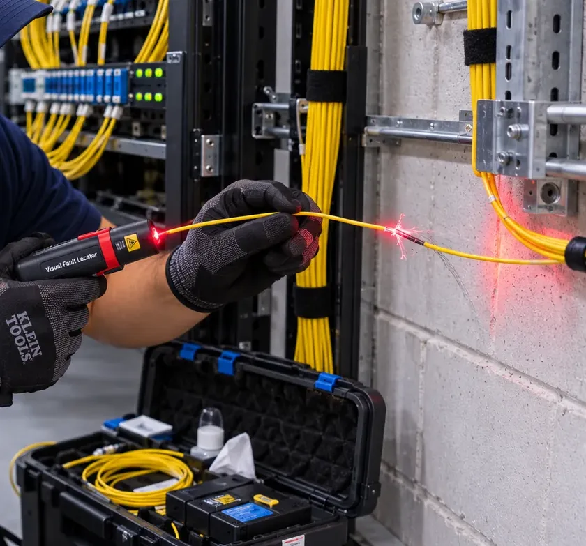 Red visual fault locator on a yellow fiber cord, Harlem Manhattan fiber repair Visual fault locator shining red light into a yellow fiber cord beside a block wall, fiber repair in Harlem, Manhattan