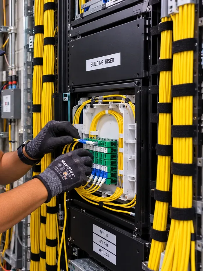 Building riser fiber panel with yellow cable bundles, Harlem Manhattan fiber installation Hands working in a white splice enclosure under a Building Riser sign with bundles of yellow fiber cable on both sides, Harlem, Manhattan