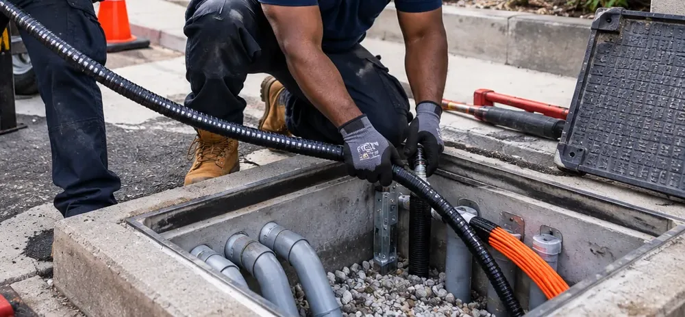 Cable fed into a concrete handhole with conduits, Harlem Manhattan outside fiber pull Black cable being fed into an open concrete handhole with grey conduits and an orange duct, outside-plant fiber pull for Harlem, Manhattan