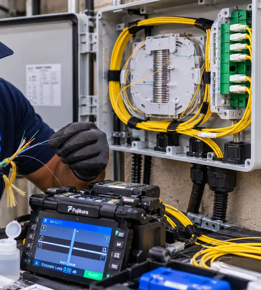 Fusion splicer beside an open splice enclosure, fiber splicing for Harlem Manhattan buildings Fusion splicer on a bench in front of an open fiber splice enclosure with green and yellow pigtails, Harlem, Manhattan fiber work