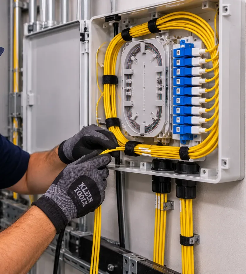 Wall-mounted fiber enclosure with blue SC adapters, Harlem Manhattan fiber optic installation Gloved hands dressing yellow fiber pigtails in a wall-mounted enclosure with blue SC adapters, fiber optic installation for Harlem, Manhattan