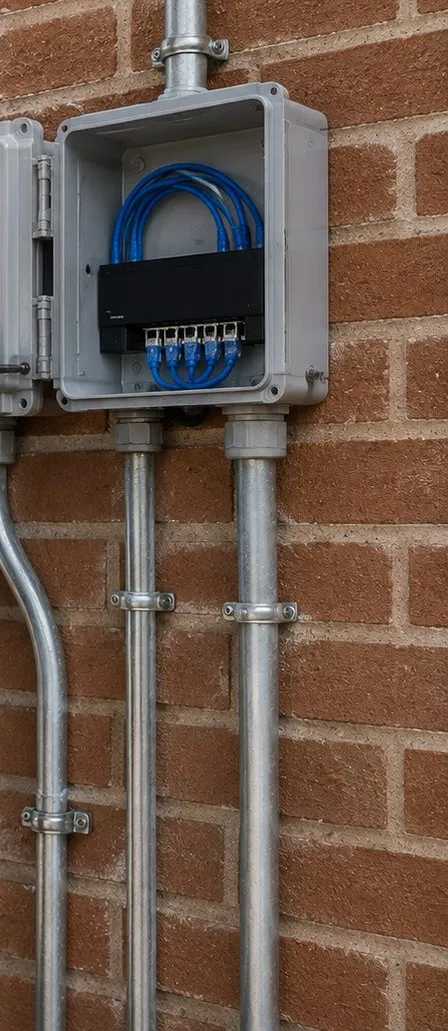 Enclosure and conduit on a brick wall — Hudson Square, Manhattan Grey wall-mounted enclosure with blue cable and a small switch inside, fed by metal conduit on a brick wall, fiber optic installation work in Hudson Square, Manhattan