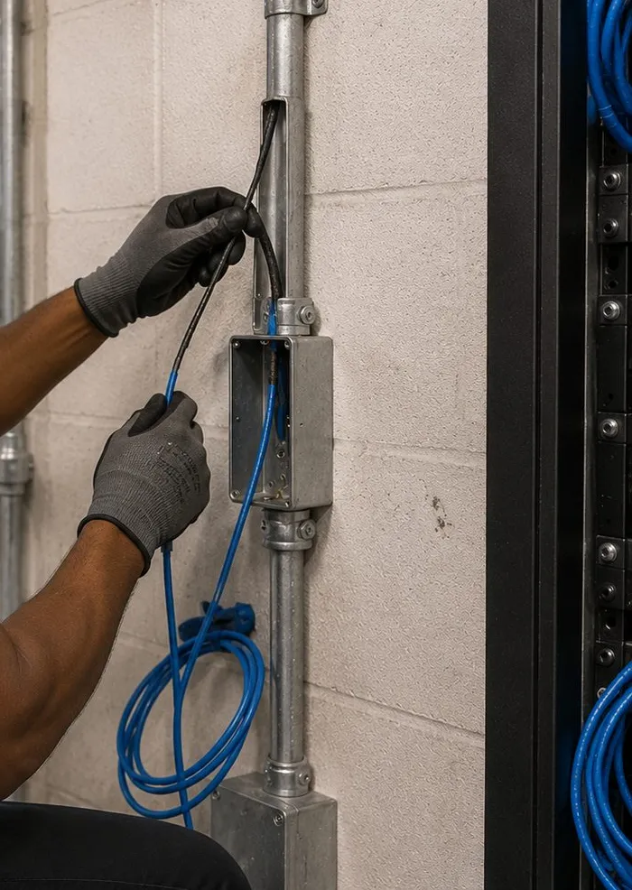 Feeding cable from a conduit box — Hudson Square, Manhattan Gloved hands guiding blue cable out of a metal junction box on a vertical conduit against a block wall, riser cable work for fiber optic installation in Hudson Square, Manhattan