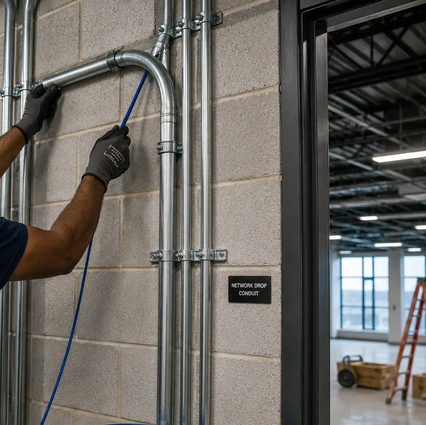 Pulling through EMT conduit on a block wall — Hudson Square, Manhattan Gloved hands feeding cable into a bend of metal EMT conduit on a block wall labelled network drop conduit, riser work for fiber optic installation in Hudson Square, Manhattan