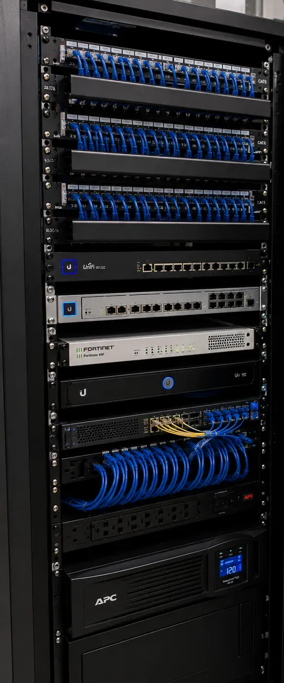 Finished rack with battery backup — Hudson Square, Manhattan Finished network rack with patch panels, switches, a firewall and a battery backup unit at the bottom, after fiber optic installation work in Hudson Square, Manhattan