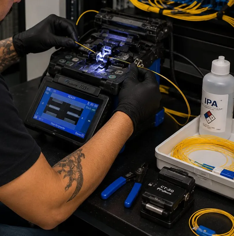 Fusion splicer at the rack — Hudson Square, Manhattan fiber optic installation Gloved hands loading yellow fiber into a fusion splicer beside a rack of fiber patch panels, fiber optic installation in Hudson Square, Manhattan