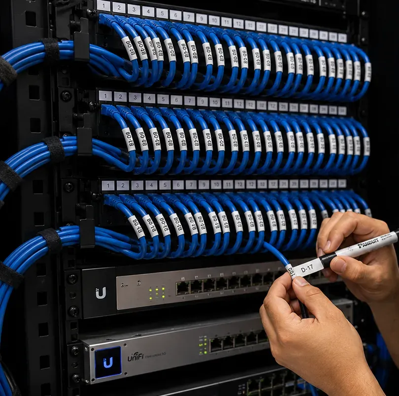Labelling ports at the rack — Hudson Square, Manhattan Hands writing a port label on a cable at a rack of labelled patch panels and switches during fiber optic installation work in Hudson Square, Manhattan